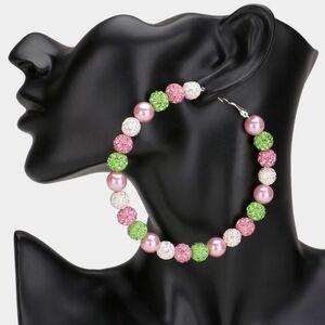 Pink & Green Shamballa 3.3" Disco Beads Hoop Earrings Fashion Statement Jewelry